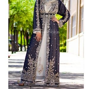 Elegant Embellished Blue and White Kaftan Embroidered Dress By Coverd Bliss